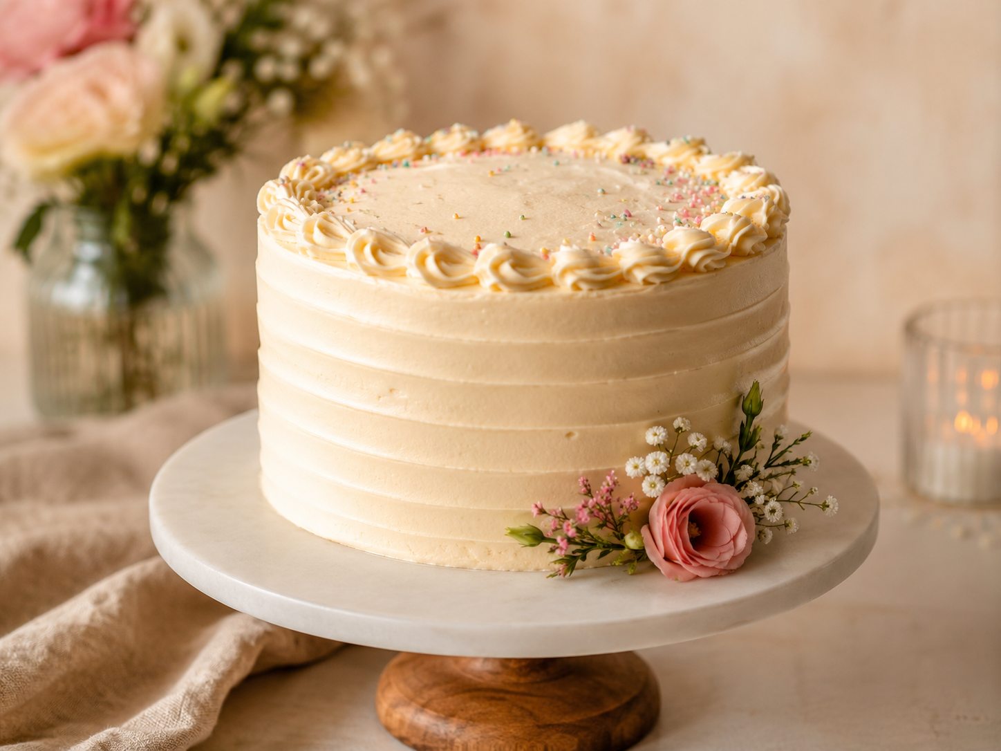 Torta decorada con crema y flores naturales